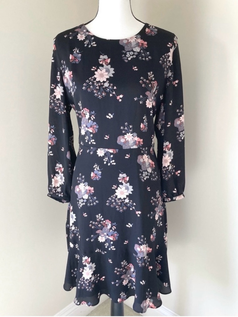 LOFT Navy Floral Long-Sleeve Fit-and-Flare Dress